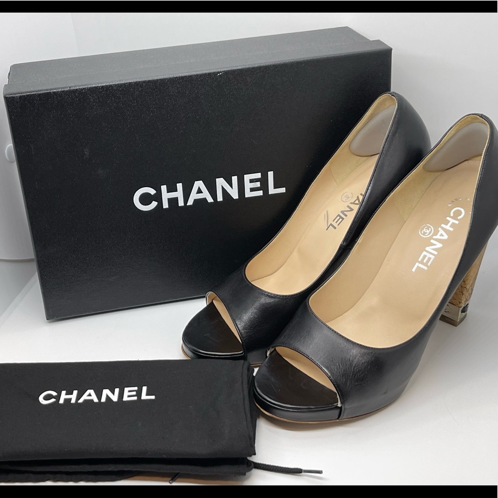 Chanel Calfskin Cork Platform Open Toe Pumps